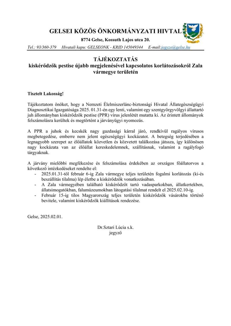 Tájékoztatás a kiskérődzők pestisével kapcsolatos korlátozásokról